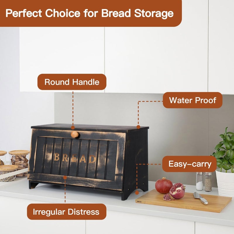 DAOYOUSKY Bamboo Bread Box for Kitchen Countertop, Black Vintage Wooden Counter Breadbox, Single Layer Rustic Wood Large Capacity Bread Storage Container Bin - Image 3
